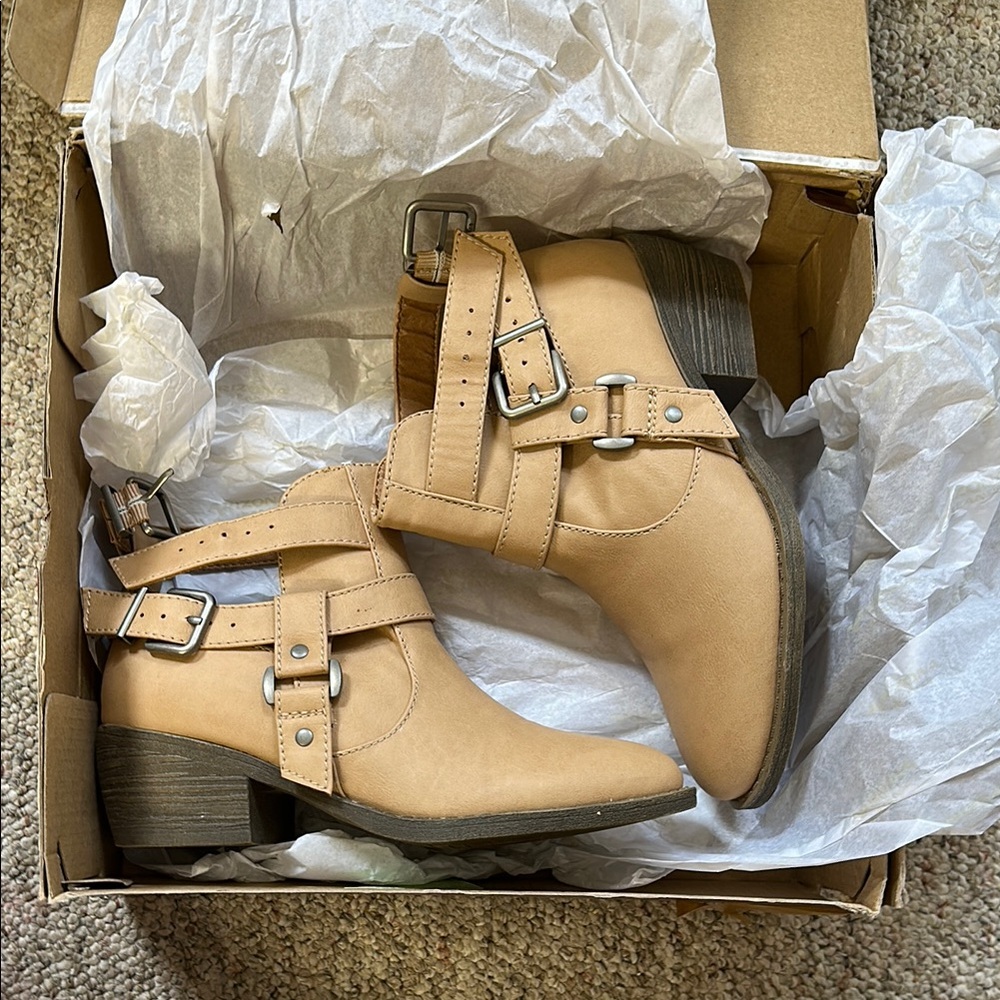 Tan Ankle Booties with Buckle Straps